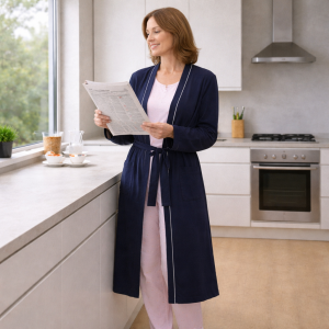 Vestaglia Donna Prima Rosa in Cotone lavorato a Grana di Riso Blu – Modello con Cintura