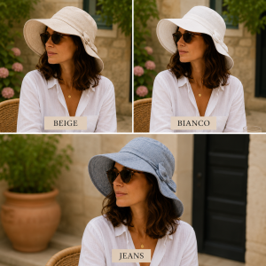 Cappello donna BAO Hats in puro lino con fiocco – falda larga