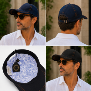 Cappellino Uomo Portaluri in Puro Cotone Blu e Nero con Cuciture a Contrasto