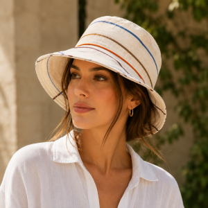 Cappello donna BAO HATS in lino e cotone con fantasia rigata